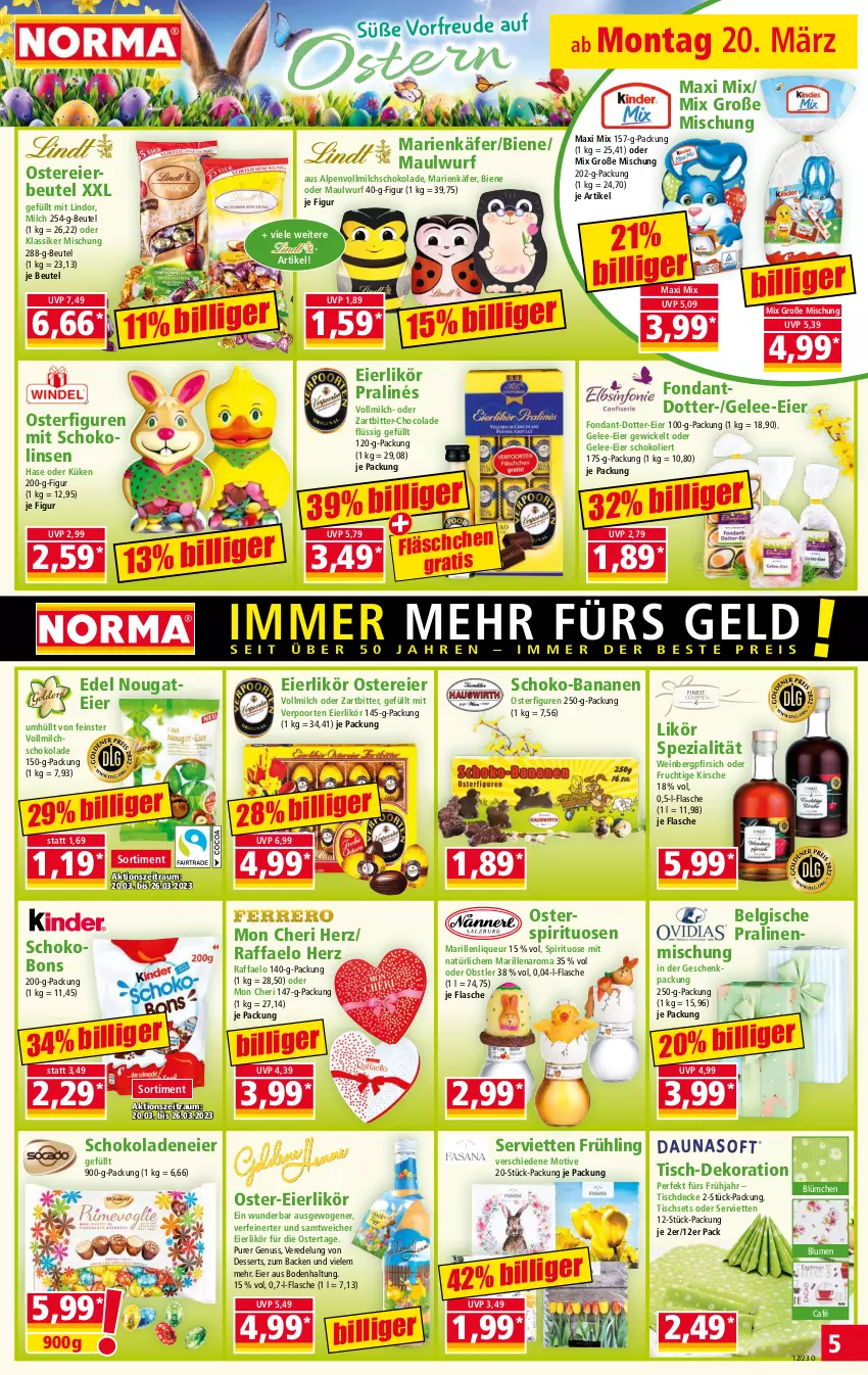 Aktueller Prospekt Norma - Norma - von 20.03 bis 27.03.2023 - strona 5 - produkty: banane, bananen, Belgische Pralinen, beutel, blume, blumen, cola, decke, dekoration, dessert, desserts, eier, eierlikör, flasche, frucht, gelee, geschenkpackung, käfer, kirsch, kirsche, LG, likör, lindor, linsen, liqueur, milch, nuss, obst, pfirsich, pralinen, Raffaelo, schoko, schokolade, schokoladen, Schokolinsen, Serviette, servietten, Spezi, spirituosen, Ti, tisch, tischdecke, Tischset, verpoorten, vollmilch, wein, WICK