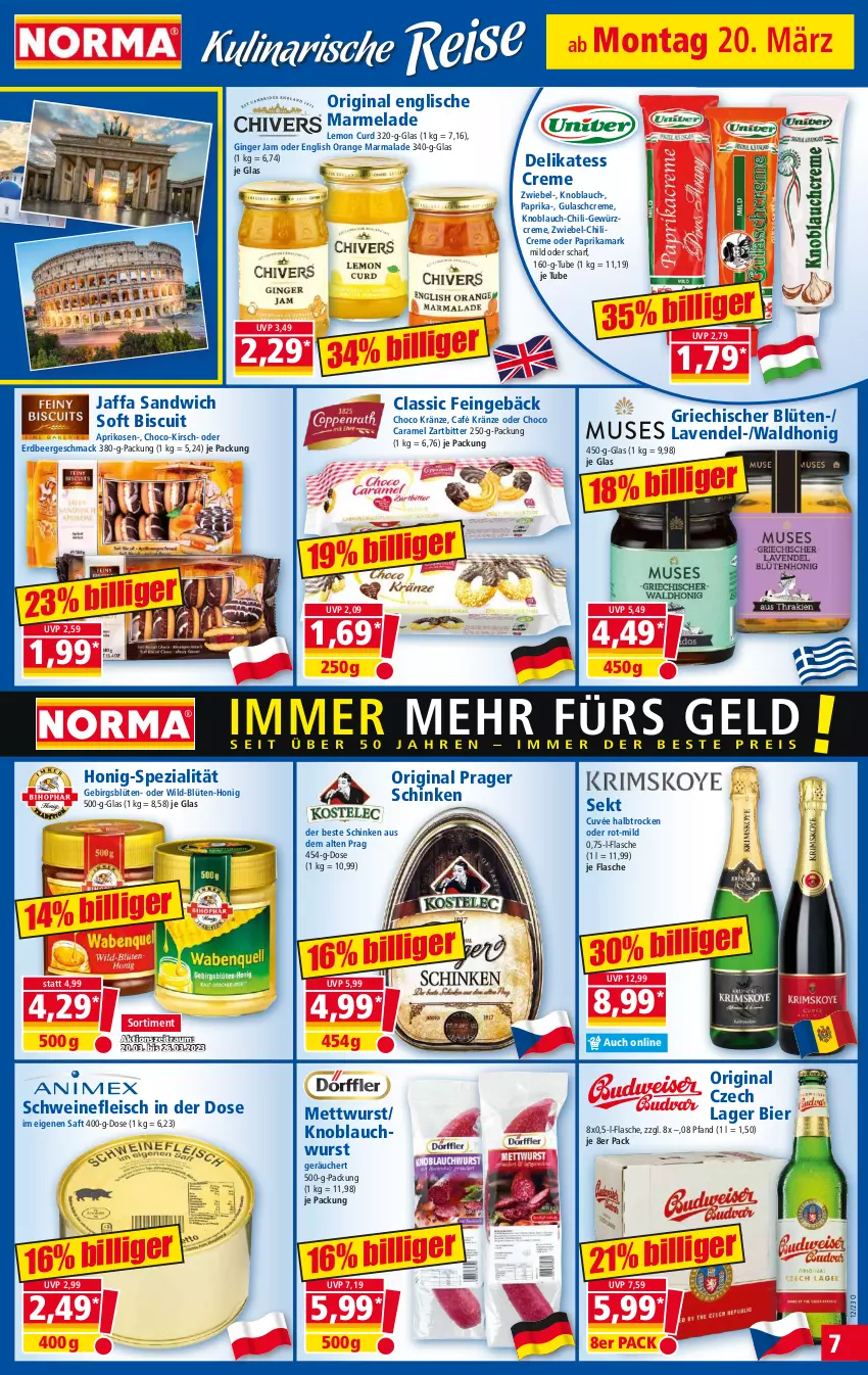 Aktueller Prospekt Norma - Norma - von 20.03 bis 27.03.2023 - strona 7 - produkty: aprikose, aprikosen, bier, Blüte, caramel, chili, creme, cuvée, eis, flasche, fleisch, gewürz, Gewürzcreme, gin, ginger, gulasch, Gulaschcreme, honig, kirsch, knoblauch, lavendel, mac, marmelade, Mett, mettwurst, orange, paprika, saft, sandwich, schinken, schwein, schweine, schweinefleisch, sekt, Spezi, Ti, wein, weine, Wild, wurst, zwiebel