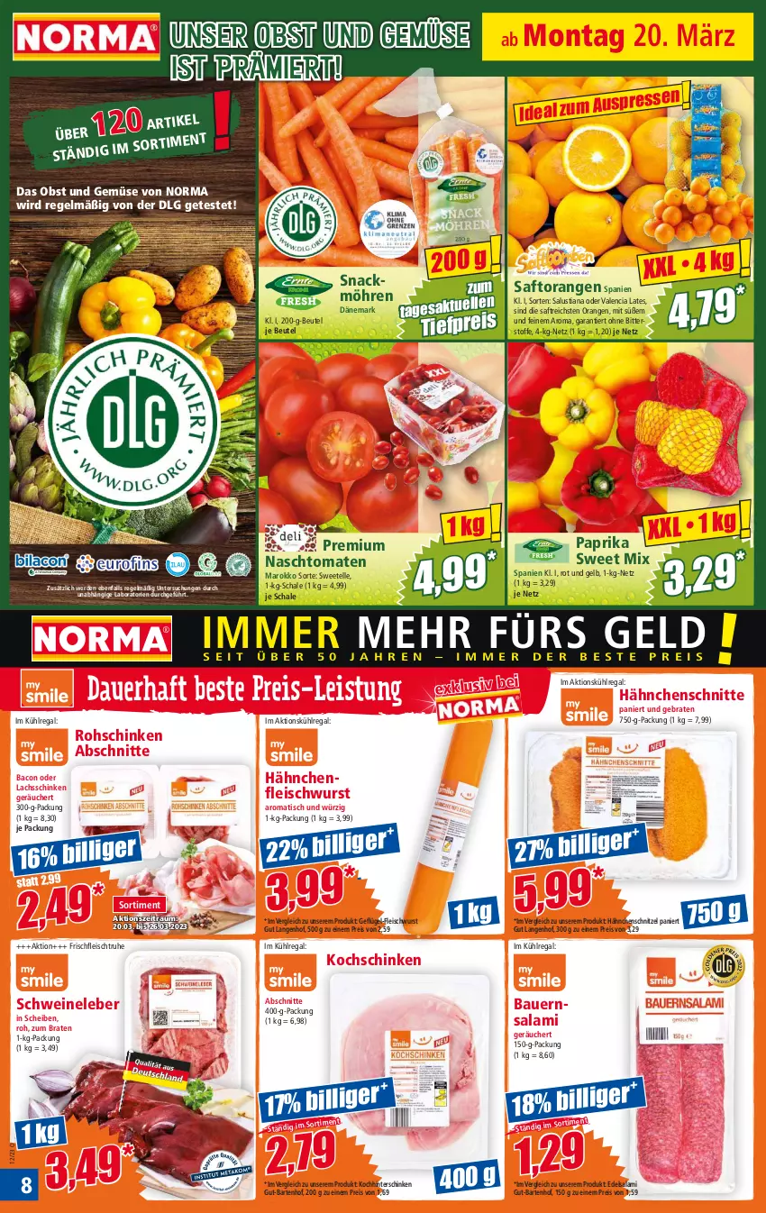 Aktueller Prospekt Norma - Norma - von 20.03 bis 27.03.2023 - strona 8 - produkty: auer, bacon, Bau, Bauer, beutel, braten, Edelsalami, eis, elle, erde, fleisch, fleischwurst, Geflügel, Geflügel-Fleischwurst, Hähnchenfleisch, Hähnchenschnitzel, hinterschinken, kochschinken, kühlregal, lachs, lachsschinken, LG, Lusti, möhren, obst, Obst und Gemüse, orange, orangen, paprika, regal, reis, rohschinken, saft, Saftorangen, salami, Salus, Schal, Schale, schinken, schnitzel, schwein, schweine, Schweineleber, snack, Ti, tiefpreis, tisch, tomate, tomaten, und gemüse, wein, weine, wurst