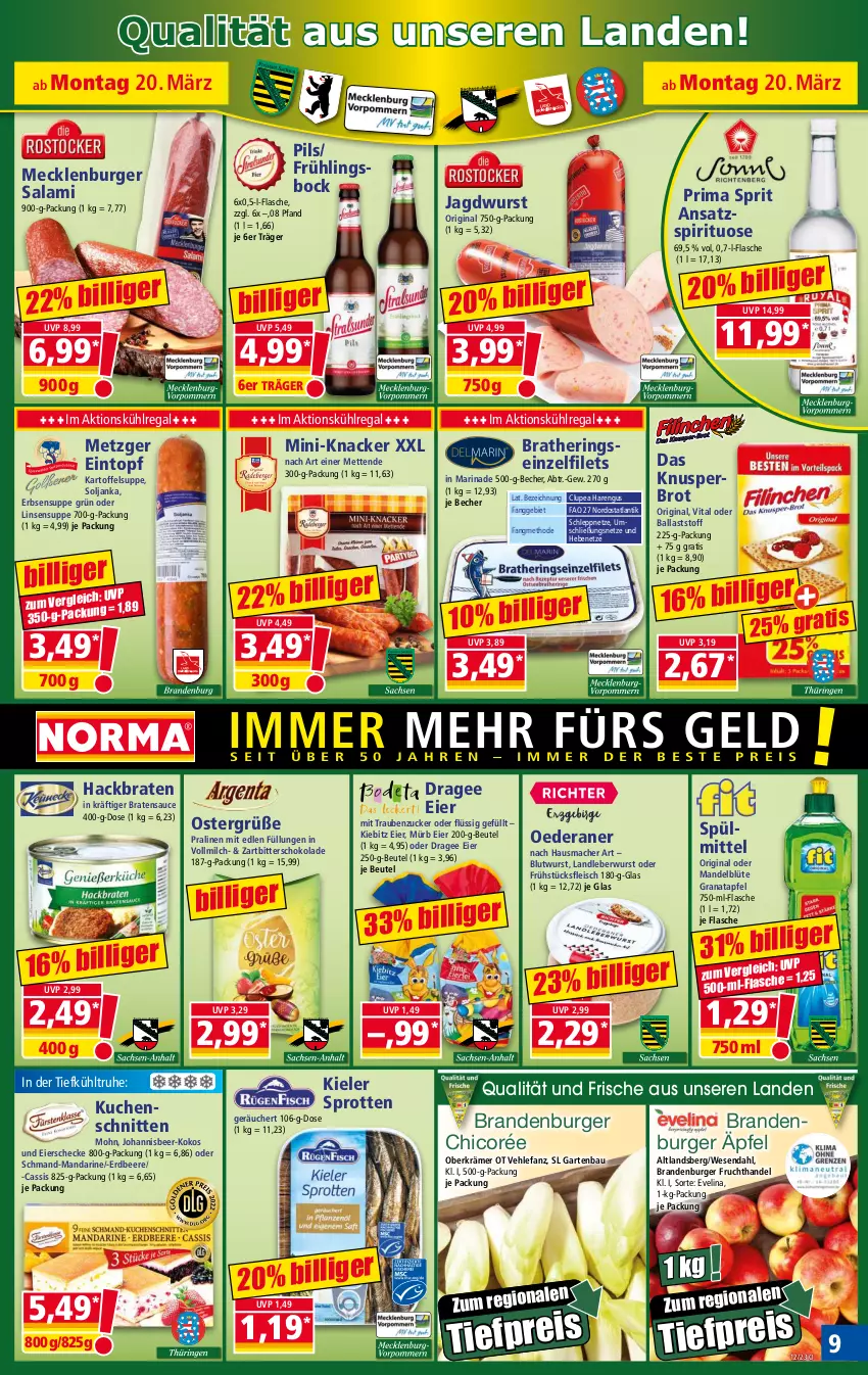 Aktueller Prospekt Norma - Norma - von 20.03 bis 27.03.2023 - strona 9 - produkty: apfel, ball, Bau, Becher, beere, beutel, Blüte, Brandenburger äpfel, braten, brot, burger, cassis, eier, eintopf, eis, erbsen, erdbeere, filet, filets, flasche, fleisch, frucht, frühstücksfleisch, Garten, gin, grana, granatapfel, Hausmacher, hering, Herings, jagdwurst, kartoffel, Kartoffelsuppe, knacker, kokos, kuchen, Kuchenschnitte, kühlregal, landleberwurst, leberwurst, linsen, mac, mandarine, mandel, marinade, mecklenburger salami, Mett, metten, milch, pils, pralinen, Rana, regal, reis, ring, salami, sauce, schmand, schnitten, schoko, schokolade, Sprotten, spülmittel, suppe, Ti, tiefpreis, topf, trauben, vita, vollmilch, wurst, Zartbitterschokolade, zucker