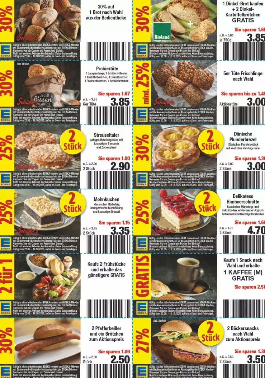 Aktueller Prospekt Edeka - Prospekte - von 29.09 bis 04.10.2025 - strona 20 - produkty: aeg, aktionspreis, backwaren, beere, beeren, bier, Brei, brezel, brot, brötchen, coupon, deka, dinkelbrötchen, eier, eis, ente, frischli, frucht, himbeer, himbeere, himbeeren, joghur, joghurt, kaffee, kartoffel, kuchen, Laugenstange, mac, pfeffer, Pfefferbeißer, Plunder, pudding, reis, saft, sahne, schoko, Schokobrötchen, snack, snacks, tee, Ti, Tüte, zucker