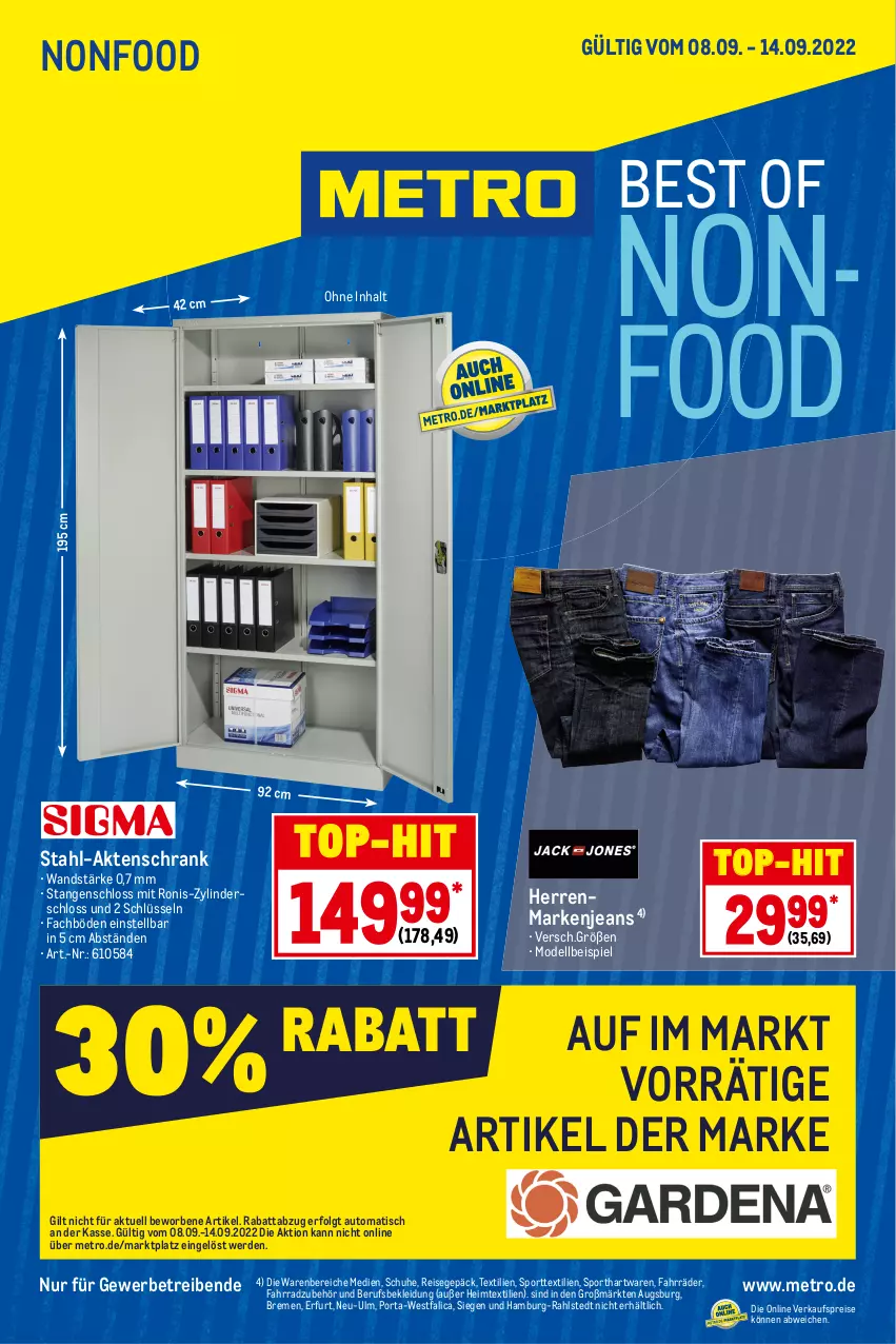 Aktueller Prospekt Metro - NonFood - von 08.09 bis 14.09.2022 - strona 1 - produkty: Aktenschrank, auto, dell, eis, erde, Fahrrad, heimtextilien, jeans, kleid, Kleidung, LG, Metro, Mode, reis, Schrank, schuhe, Sport, Ti, tisch, top-hit