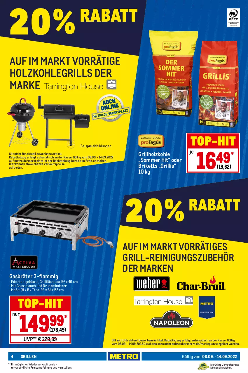 Aktueller Prospekt Metro - NonFood - von 08.09 bis 14.09.2022 - strona 4 - produkty: Abba, auto, beispielabbildung, briketts, decke, Deckel, edelstahl, eis, elle, erde, flasche, Gasbräter, gasgrill, grill, grillfläche, grillholzkohle, grillrost, Holz, holzkohle, holzkohlegrill, Kohlegrill, lamm, LG, Metro, metro gastro, nuss, Reinigung, reis, sac, schlauch, tee, teller, Ti, timer, tisch, top-hit