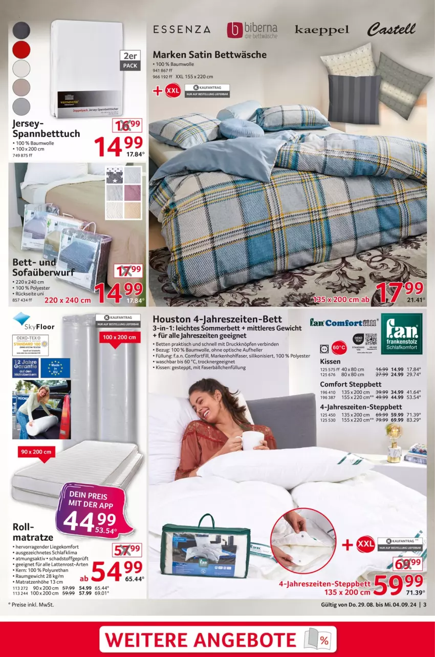 Aktueller Prospekt Selgros - Non Food - von 29.08 bis 04.09.2024 - strona 3 - produkty: Bau, baumwolle, bett, Betten, Betttuch, bettwäsche, binden, eis, elle, Ergee, kaeppel, kissen, latte, lattenrost, Liege, matratze, matratzen, reis, Sofa, spannbetttuch, steppbett, Ti, tisch, Trockner, tuc, wolle