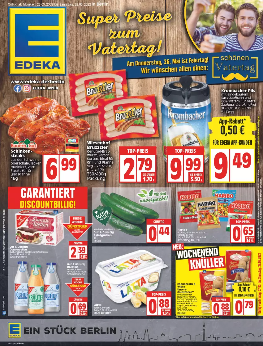 Aktueller Prospekt Edeka - Angebote der Woche - von 23.05 bis 28.05.2022 - strona 1 - produkty: baguette, baguettes, Bau, beutel, brötchen, coppenrath, deka, discount, eier, eis, elle, Goldstücke, grill, LG, pils, reis, Schal, Schale, schwein, schweine, steak, steaks, tee, Ti, wein, weine, ZTE