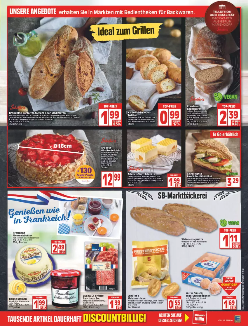 Aktueller Prospekt Edeka - Angebote der Woche - von 23.05 bis 28.05.2022 - strona 17 - produkty: auer, aufstrich, avocado, baguette, Bau, Bauer, Becher, beere, beeren, beutel, brot, brötchen, butter, Croissant, deka, eis, erdbeere, erdbeeren, flakes, frucht, gelee, hirtenkäse, in olivenöl, kartoffel, Käse, konfitüre, Kranz, kräuter, kräutern, Luftgetrocknete Salami, mandel, marmelade, meersalz, Meersalzbutter, Meister, nuss, obst, olive, oliven, olivenöl, peperoni, Peroni, pfirsich, quark, reis, röstzwiebeln, rum, saft, sahne, salami, salz, Skyr, Ti, tomate, tomaten, torte, walnuss, Weizenbrot, weizenbrötchen, weizenmischbrot, ZTE, zucker, zwiebel, zwiebeln