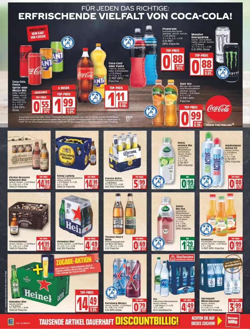 Aktueller Prospekt Edeka - Angebote der Woche - von 23.05 bis 28.05.2022 - strona 18 - produkty: adelholzener, Alwa, auer, bier, bierspezialitäten, bio, coca-cola, cola, corona, corona extra, drink, eier, eis, erfrischungsgetränk, fanta, flasche, frucht, fruchtsäfte, fuze tea, getränk, glasflasche, Holz, mineralwasser, Mixer, mixery, natürliches mineralwasser, Nektar, pet-flasche, reis, rel, säfte, Spezi, Sport, Spreequell, tee, Ti, top-preis, valensina, volvic, wasser, ZTE