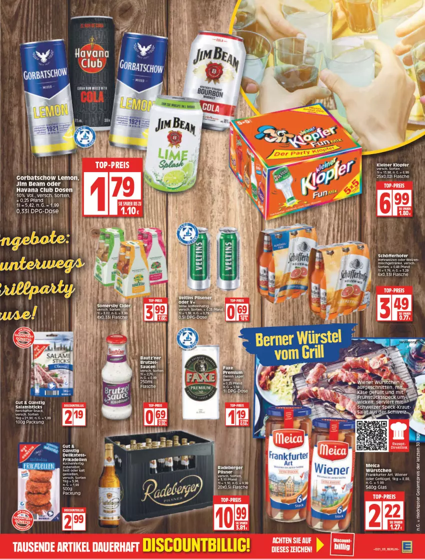 Aktueller Prospekt Edeka - Angebote der Woche - von 23.05 bis 28.05.2022 - strona 3 - produkty: axe, Bau, bautz'ner, Berger, discount, eis, flasche, Geflügel, getränk, getränke, Gorbatschow, Havana Club, Hefe, hefeweizen, jim beam, kleiner klopfer, küche, Küchen, leine, meica, radeberger, reis, salami, sauce, saucen, schnitten, schöfferhofer, snack, Ti, top-preis, wiener