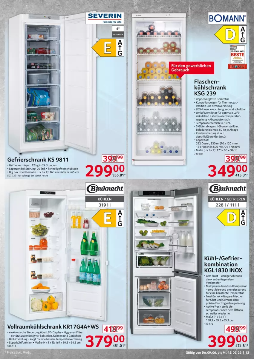 Aktueller Prospekt Selgros - Nonfood - von 09.06 bis 15.06.2022 - strona 13 - produkty: abtauautomatik, auto, Bau, bauknecht, beleuchtung, eis, Elektro, elle, flasche, gefrierschrank, Kinder, kompressor, kühlschrank, LG, Liege, obst, Obst und Gemüse, Schal, Schrank, thermostat, Ti, und gemüse, ventilator