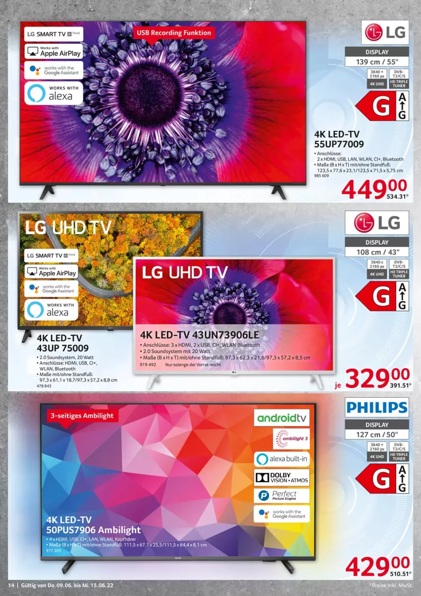 Aktueller Prospekt Selgros - Nonfood - von 09.06 bis 15.06.2022 - strona 14 - produkty: alexa, Apple, dvb, gin, hd triple tuner, HDMI, LG, Philips, rel, smart tv, Ti, tuner, usb