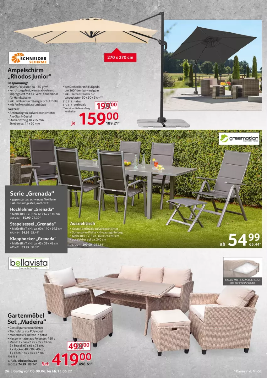 Aktueller Prospekt Selgros - Nonfood - von 09.06 bis 15.06.2022 - strona 26 - produkty: abdeckhaube, aluminiumgestell, ampelschirm, Bank, eis, elle, Garten, gartenmöbel, greemotion, hocker, HP, kissen, latte, möbel, Mode, natur, reis, reiss, rum, schirme, schutzhülle, sessel, stapelsessel, teller, Ti, tisch, tischplatte, wasser