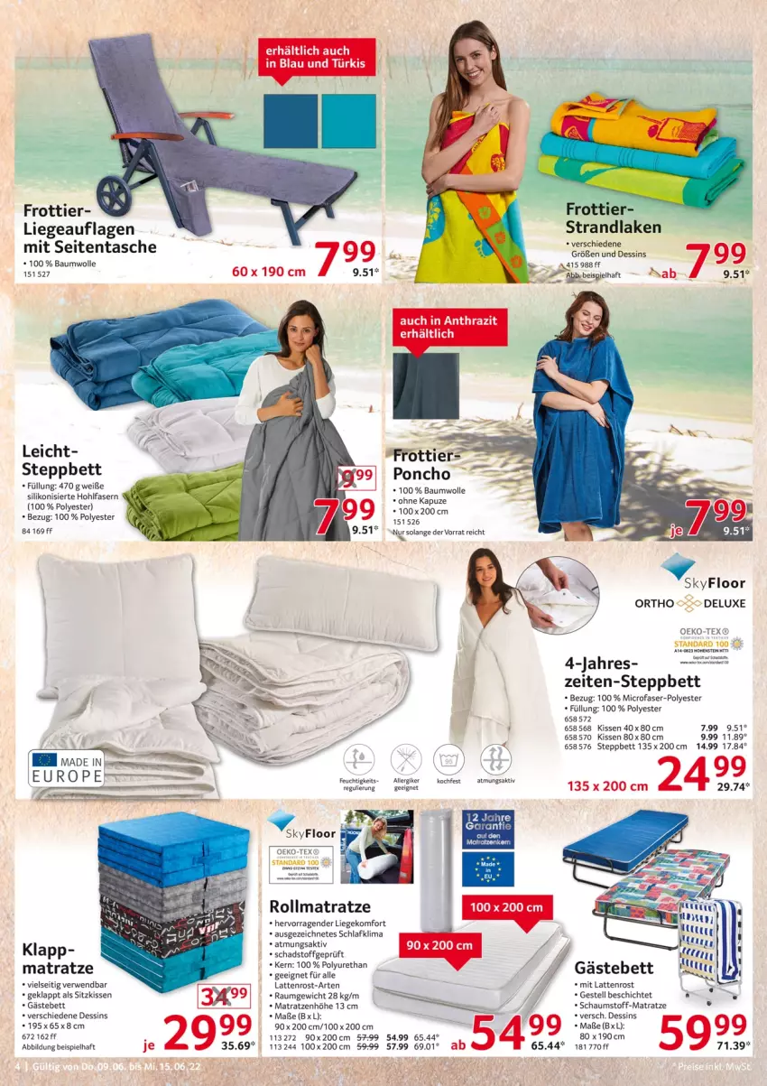 Aktueller Prospekt Selgros - Nonfood - von 09.06 bis 15.06.2022 - strona 4 - produkty: Bau, baumwolle, Bebe, bett, eis, Gästebett, kissen, latte, lattenrost, Liege, matratze, matratzen, rollmatratze, rwe, sitzkissen, steppbett, strandlaken, Tasche, Ti, wolle