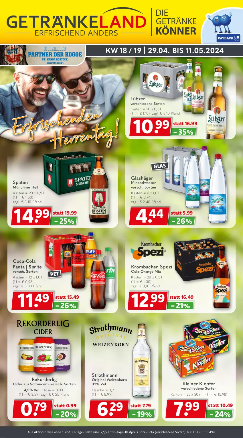 Aktueller Prospekt Getraenkeland - von 29.04 bis 11.05.2024 - strona 1 - produkty: aktionspreis, Alwa, bestpreis, bestpreise, cider, coca-cola, cola, eis, fanta, flasche, gin, kleiner klopfer, korn, krombache, krombacher, leine, Lübzer, mineralwasser, orange, reis, Spaten, Spezi, sprite, Ti, wasser, weizenkorn