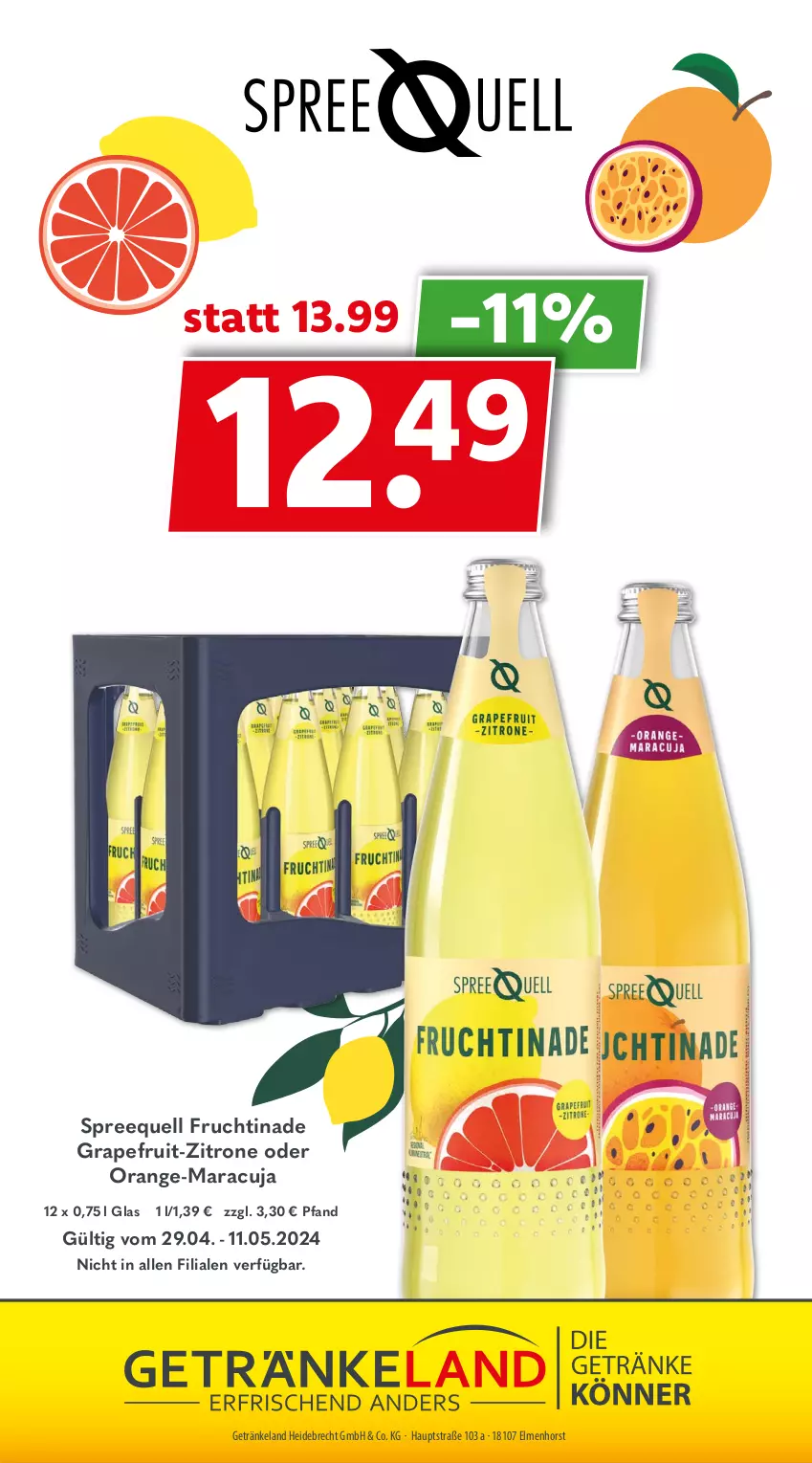 Aktueller Prospekt Getraenkeland - von 29.04 bis 11.05.2024 - strona 12 - produkty: Elan, frucht, getränk, getränke, grapefruit, maracuja, orange, Spreequell, Ti, zitrone