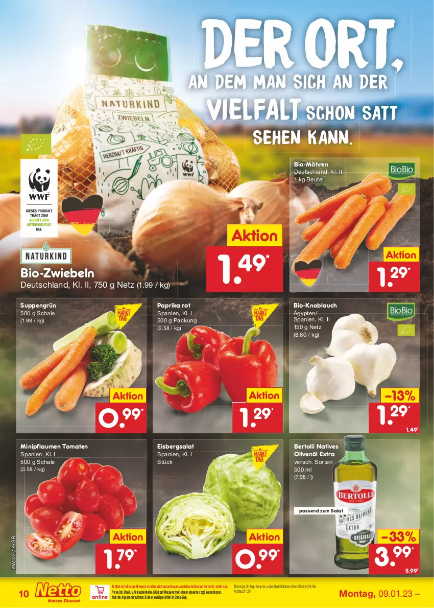 Aktueller Prospekt Netto Marken-Discount - Filial-Angebote - von 09.01 bis 14.01.2023 - strona 10 - produkty: bertolli, bestpreis, beutel, bio, eis, eisbergsalat, knoblauch, möhren, natives olivenöl, ndk, olive, oliven, olivenöl, olivenöl extra, paprika, paprika rot, pflaume, pflaumen, reis, salat, Schal, Schale, suppe, suppen, Ti, tomate, tomaten, zwiebel, zwiebeln