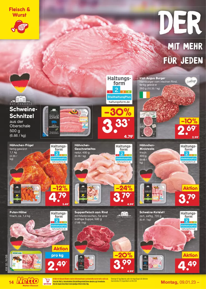 Aktueller Prospekt Netto Marken-Discount - Filial-Angebote - von 09.01 bis 14.01.2023 - strona 14 - produkty: bestpreis, burger, eis, fleisch, geschnetzeltes, gewürz, Hähnchengeschnetzeltes, hamburger, kotelett, natur, ndk, pute, reis, rind, saft, Schal, Schale, schnitzel, schwein, schweine, schweineschnitzel, steak, steaks, suppe, suppen, suppenfleisch, Ti, wein, weine, wurst, Zelt