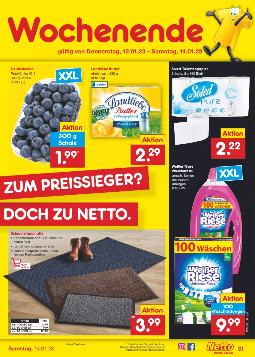 Aktueller Prospekt Netto Marken-Discount - Filial-Angebote - von 09.01 bis 14.01.2023 - strona 31 - produkty: angebot, beere, beeren, bestpreis, butter, eis, heidelbeere, heidelbeeren, landliebe, Laufen, Liege, papier, reifen, reis, Schal, Schale, schmutzfangmatte, Streichzart, Ti, toilettenpapier, waschmittel, ZTE