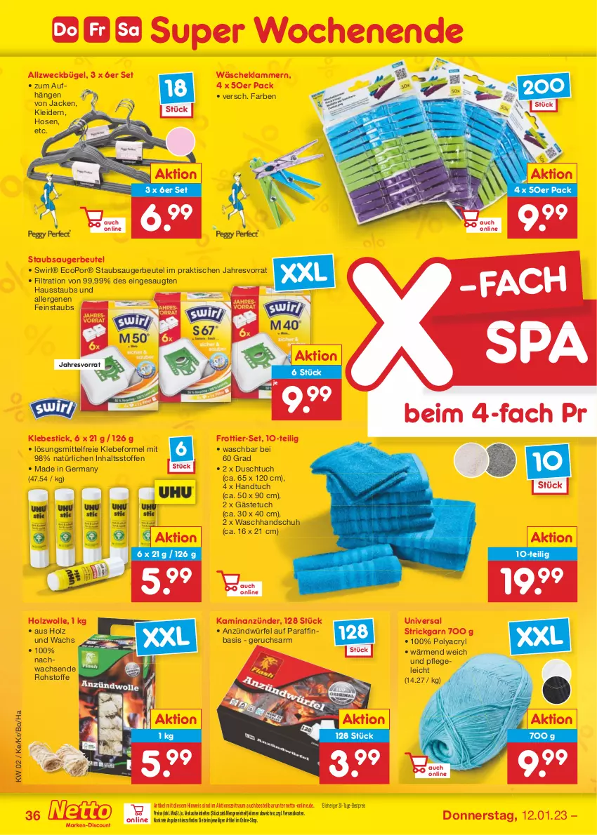 Aktueller Prospekt Netto Marken-Discount - Filial-Angebote - von 09.01 bis 14.01.2023 - strona 36 - produkty: anzünder, bestpreis, beutel, bügel, duschtuch, eis, Frottier-Set, gästetuch, Germ, handtuch, Holz, hose, hosen, Jacke, Kamin, Klammern, kleid, kleider, lamm, ndk, reis, staubsauger, staubsaugerbeutel, Strickgarn, swirl, Ti, tisch, tuc, waschhandschuh, weck, wolle, würfel