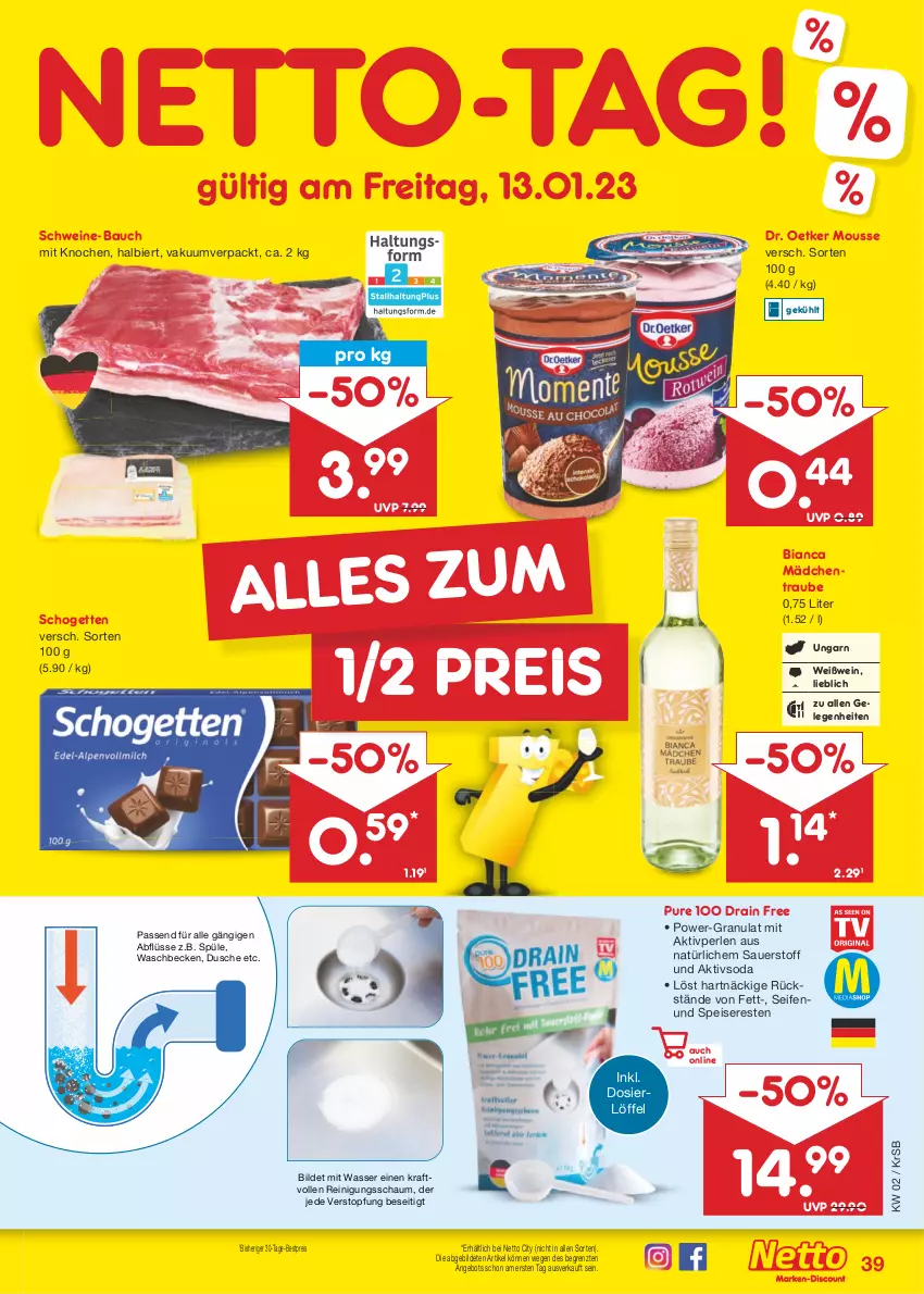 Aktueller Prospekt Netto Marken-Discount - Filial-Angebote - von 09.01 bis 14.01.2023 - strona 39 - produkty: angebot, auer, Bau, bestpreis, bier, Dr. Oetker, dusche, eis, kraft, Löffel, mousse, passend für alle, perlen, Reinigung, Reinigungsschaum, reis, schogetten, schwein, schweine, schweine-bauch, Seife, Soda, Ti, topf, waschbecken, wasser, wein, weine, Weißwein, ZTE