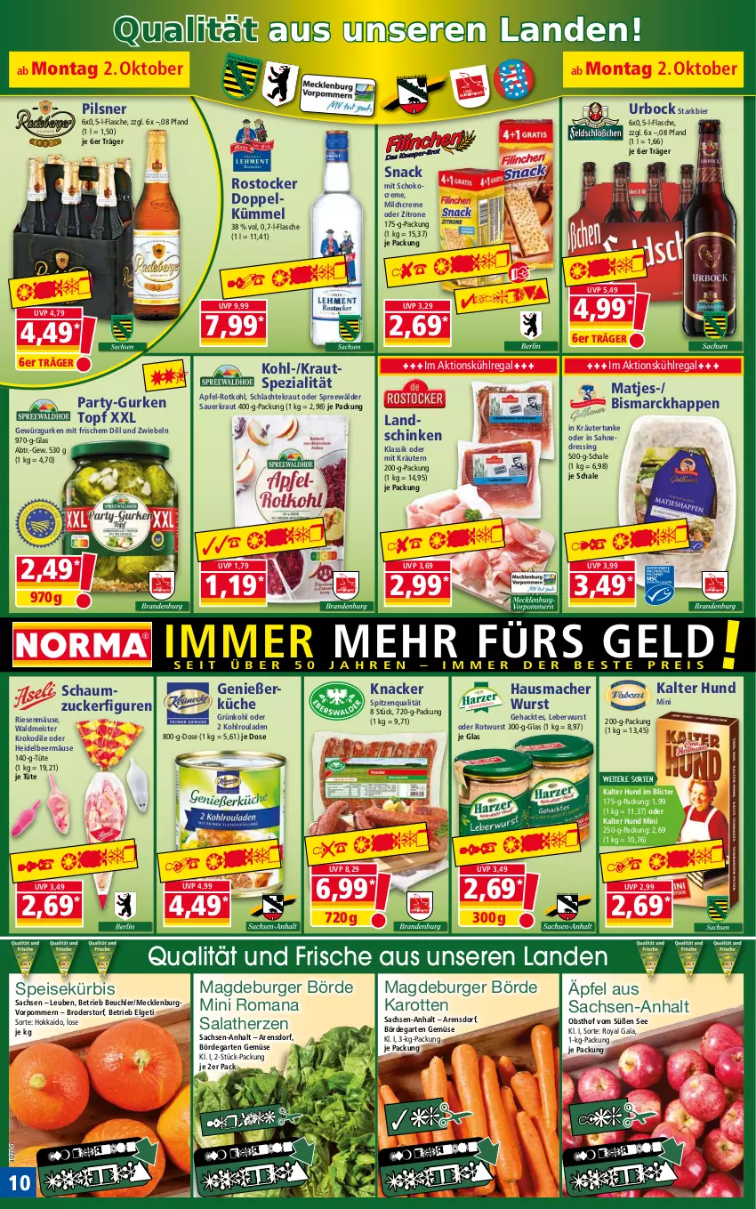 Aktueller Prospekt Norma - Norma - von 02.10 bis 09.10.2023 - strona 10 - produkty: apfel, auer, bier, bismarck, burger, creme, dressing, eis, flasche, Garten, gewürz, Gewürzgurke, gewürzgurken, gurke, gurken, Hausmacher, karotten, knacker, Kohlrouladen, Kraut, kräuter, kräutern, küche, kühlregal, Kürbis, landschinken, leberwurst, LG, mac, matjes, Meister, milch, obst, pils, pilsner, regal, reis, Rostocker, rotkohl, Rotwurst, rouladen, sac, sahne, salat, salatherzen, Sauerkraut, Schal, Schale, Schaumzucker, schinken, schoko, snack, Spezi, spitzenqualität, spreewälder, Ti, tiefpreis, topf, Tüte, waldmeister, wurst, zitrone, zucker, zwiebel, zwiebeln