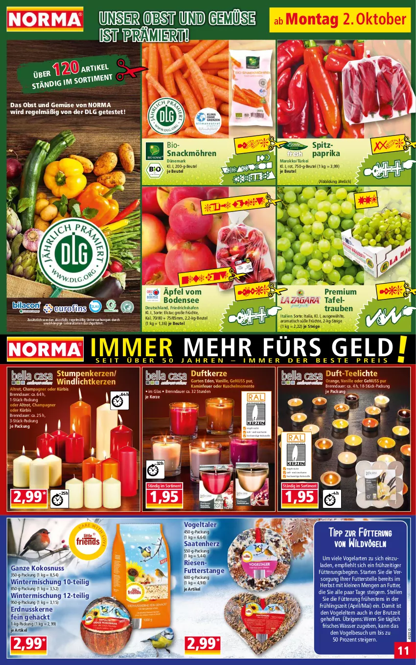 Aktueller Prospekt Norma - Norma - von 02.10 bis 09.10.2023 - strona 11 - produkty: auer, beutel, bio, brut, champagne, champagner, Duftkerze, eis, elle, ente, erde, erdnuss, früchte, Garten, gin, Kamin, kerze, kokos, kokosnuss, Kürbis, leine, LG, möhren, nuss, obst, Obst und Gemüse, orange, paprika, pril, reis, senf, snack, Spitzpaprika, tafeltrauben, tee, Teelicht, teelichte, Ti, tiefpreis, tisch, trauben, und gemüse, vanille, wasser, Wild, windlicht