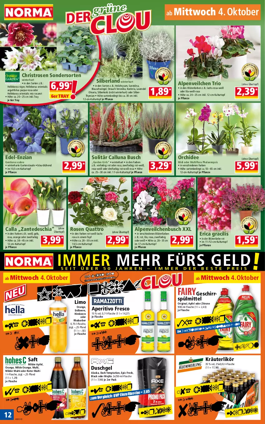 Aktueller Prospekt Norma - Norma - von 02.10 bis 09.10.2023 - strona 12 - produkty: Alpenveilchen, apfel, beere, Blüte, chia, duschgel, elle, erdbeere, flasche, Garten, geschirr, geschirrspülmittel, gin, himbeer, himbeere, korb, kräuter, kräuterlikör, kulturtopf, lachs, lack, lavendel, likör, limo, mojito, orange, orchidee, pflanze, pflanzen, phalaenopsis, Rauch, rhabarber, Ria, rosen, saft, saro, spülmittel, Ti, topf, übertopf, zitrone