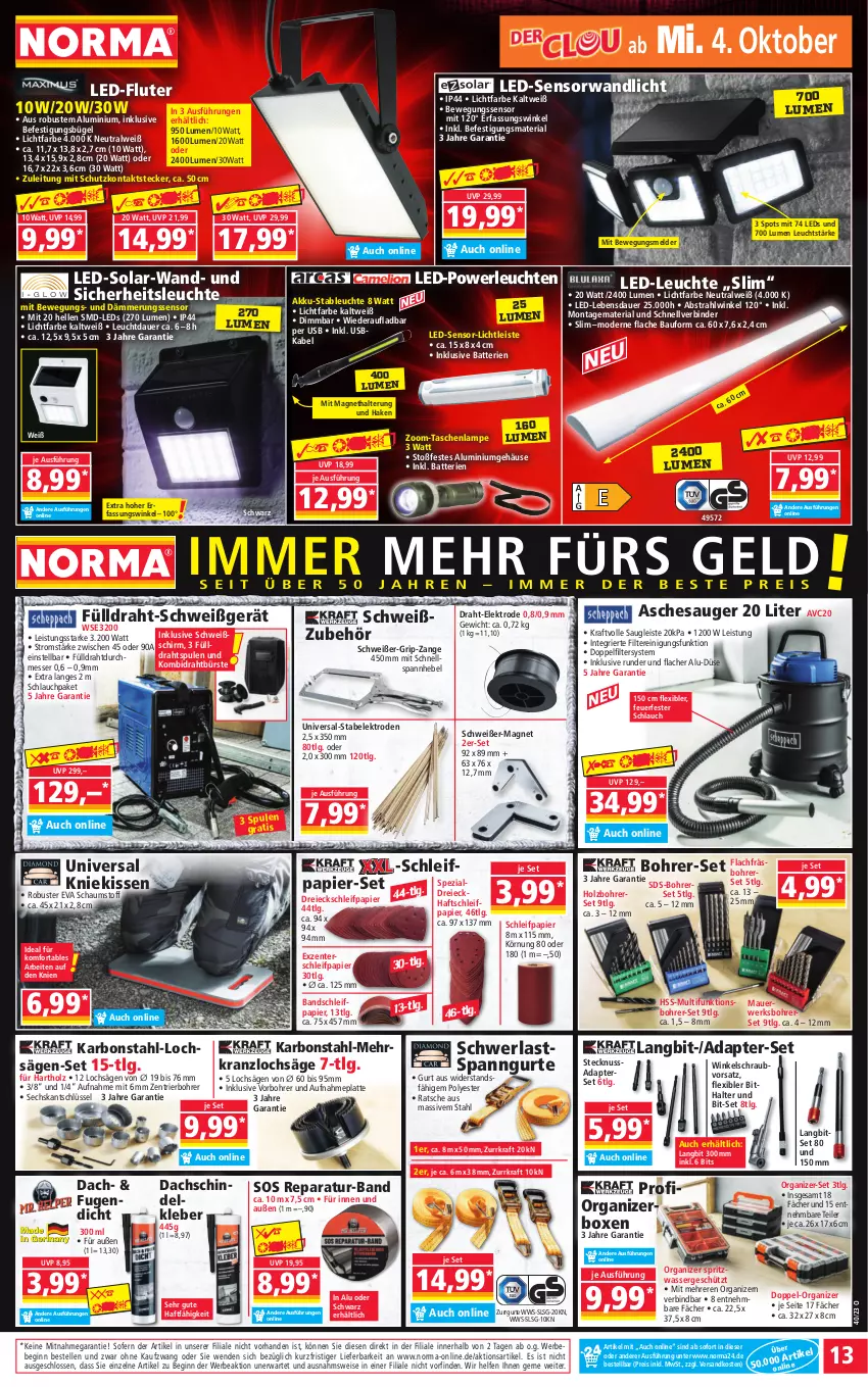 Aktueller Prospekt Norma - Norma - von 02.10 bis 09.10.2023 - strona 13 - produkty: adapter, akku, Aschesauger, auer, batterie, batterien, Bau, Bebe, Bewegungssensor, Bitset, Bohrer-Set, Bohrerset, bügel, bürste, Draht, eis, Elektro, elle, ente, gin, gsw, Holz, HP, kissen, kleber, Kniekissen, kraft, Kranz, Lampe, latte, LED-Fluter, LED-Leuchte, leds, Leuchte, leuchten, LG, messer, Mode, ndk, nuss, papier, Reinigung, reis, Ria, rwe, säge, schlauch, Schleifpapier, Spezi, Tasche, taschen, taschenlampe, Ti, usb, wasser