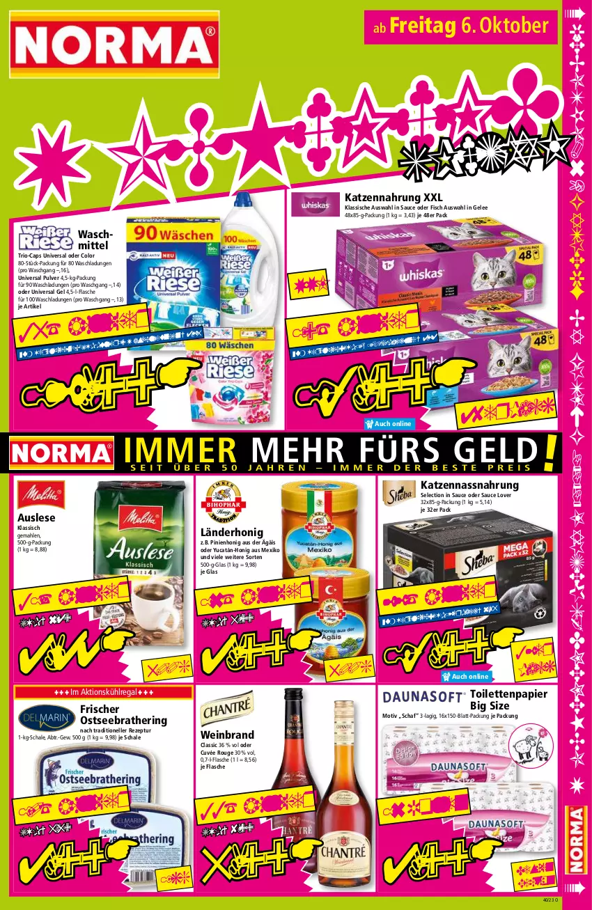 Aktueller Prospekt Norma - Norma - von 02.10 bis 09.10.2023 - strona 15 - produkty: Cap, cuvée, elle, fisch, flasche, gelee, hering, honig, katzennahrung, kühlregal, Nassnahrung, papier, regal, rezept, ring, rouge, sauce, Schal, Schale, Ti, toilettenpapier, universal gel, universal pulver, waschmittel, wein, weinbrand