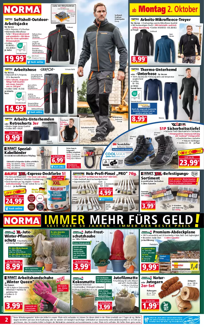 Aktueller Prospekt Norma - Norma - von 02.10 bis 09.10.2023 - strona 2 - produkty: Abba, abdeckplane, asti, auer, Bau, baumwolle, Bebe, bio, Blasebalg, braun, decke, dell, edelstahl, eis, elle, ente, gin, handschuhe, hemd, hemden, Holz, hose, Jacke, Kabelbinderset, kleid, kokos, kraft, kübelpflanzen, lack, LG, mikrofaser, mm extra, Mode, natur, ndk, nuss, orange, pflanze, pflanzen, Pinsel, Pinselset, reis, retroshorts, Rhus, Ria, ring, rwe, schrauben, Schriftzug, schuhe, shorts, Spezi, Spiele, Tasche, taschen, Ti, Tiere, Tipi, tisch, Unterhemd, unterhemden, wasser, Windschutz, wolle, ZTE