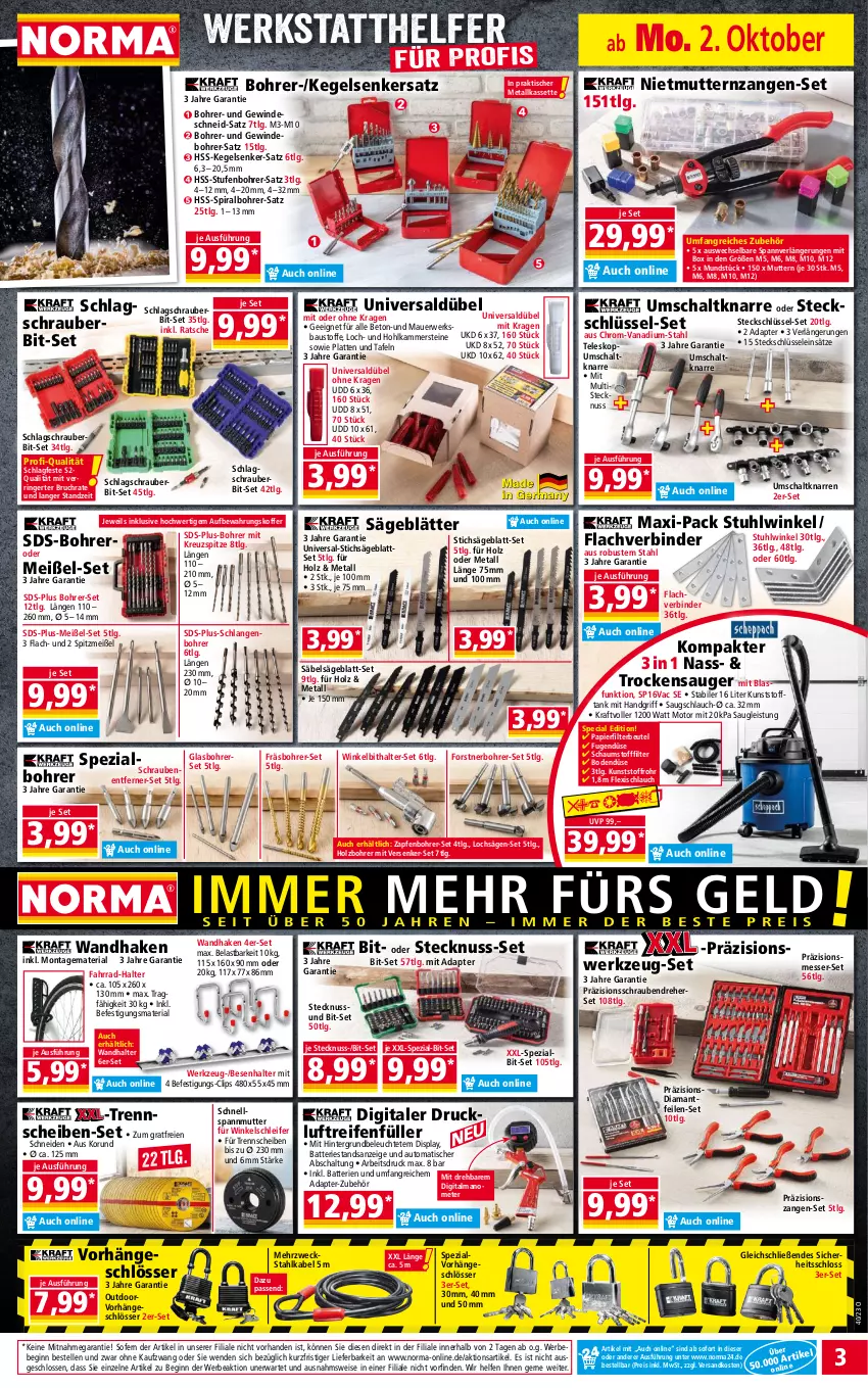 Aktueller Prospekt Norma - Norma - von 02.10 bis 09.10.2023 - strona 3 - produkty: adapter, auer, aufbewahrungskoffer, aust, auto, batterie, batterien, Bau, Baustoffe, Bebe, beutel, Bohrer-Set, Bohrerset, eis, elle, Fahrrad, gin, Holz, koffer, kraft, latte, Leuchte, LG, messer, ndk, nuss, papier, reifen, reis, Ria, ring, rwe, Säbelsäge, säge, Schal, schlauch, schrauben, Schraubendreher, Spezi, stichsäge, stuhl, Teleskop, Ti, tisch, Trockensauger, weck, werkzeug, Winkelschleifer, Zangen