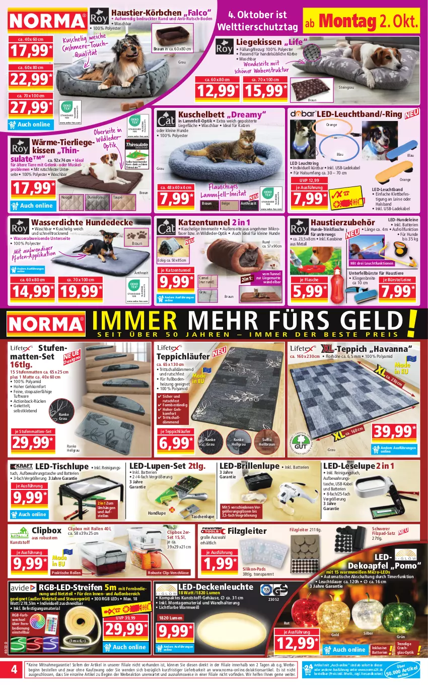 Aktueller Prospekt Norma - Norma - von 02.10 bis 09.10.2023 - strona 4 - produkty: apfel, auer, aufbewahrungstasche, aust, auto, batterie, batterien, Bebe, bett, braun, Brei, Brille, bürste, cashmere, decke, deckenleuchte, deka, Dekoapfel, eis, elle, fernbedienung, flasche, gin, Gläser, Kette, kissen, Körbchen, ladekabel, lamm, Lammfell, Läufer, led-deckenleuchte, leds, leine, Leuchte, LG, Liege, mikrofaser, ndk, orange, reifen, Reinigung, reis, Ria, ring, rwe, Schal, Stier, Stufenmatten, Tasche, taschen, teppich, Ti, Tiere, timer, tisch, trinkflasche, tuc, usb, wandhalterung, wasser, Wild, ZTE