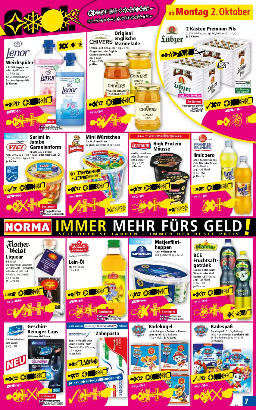 Aktueller Prospekt Norma - Norma - von 02.10 bis 09.10.2023 - strona 7 - produkty: Anhänger, apfel, Bad, Becher, beere, Berger, Cap, cola, deka, erdbeere, filet, flasche, frucht, fruchtsaft, fruchtsaftgetränk, garnelen, Garten, geschirr, getränk, gin, ginger, haselnuss, jumbo, knoblauch, Kugel, kühlregal, liqueur, mac, marmelade, matjes, Matjesfilet, mousse, nuss, orange, pasta, pils, premium pils, pril, regal, reiniger, saft, Spezi, Ti, vita, weichspüler, Wild, würstchen, zahnpasta, Zelt, zucker