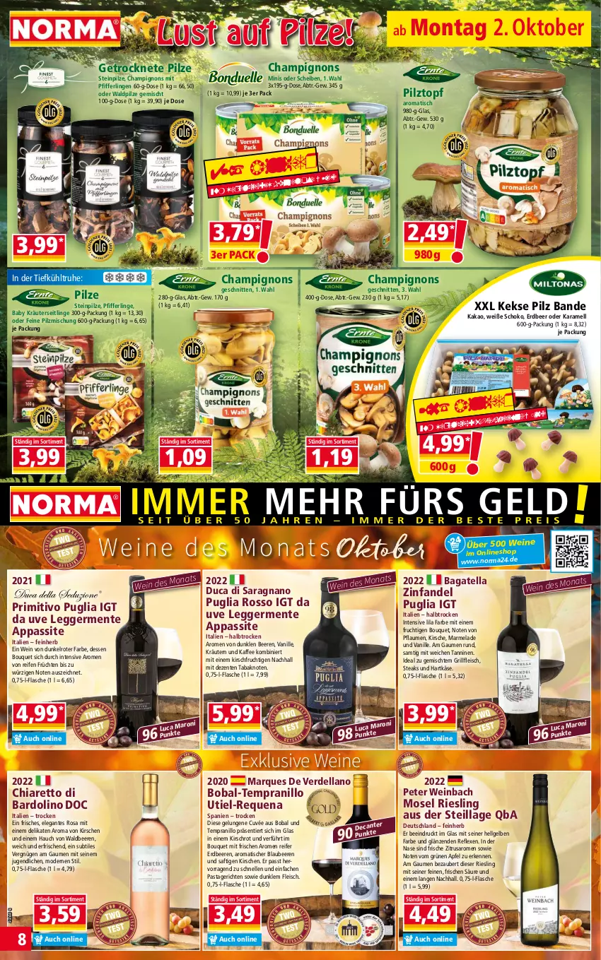 Aktueller Prospekt Norma - Norma - von 02.10 bis 09.10.2023 - strona 8 - produkty: apfel, beere, beeren, Blaubeer, blaubeere, champignon, champignons, chia, cuvée, dell, Egger, eis, elle, ente, erdbeere, erdbeeren, erde, flasche, fleisch, frucht, früchte, früchten, Germ, grill, hartkäse, kaffee, kakao, karamell, Käse, keks, kekse, kirsch, kirsche, kirschen, kräuter, kräutern, Kräuterseitlinge, LG, marmelade, Mode, pasta, Pastagericht, Pfifferlinge, pflaume, pflaumen, pilze, Pilzmischung, primitivo, reifen, riesling, saft, saro, schnitten, schoko, steak, steaks, Steinpilze, tempranillo, Ti, tisch, topf, vanille, wein, weine