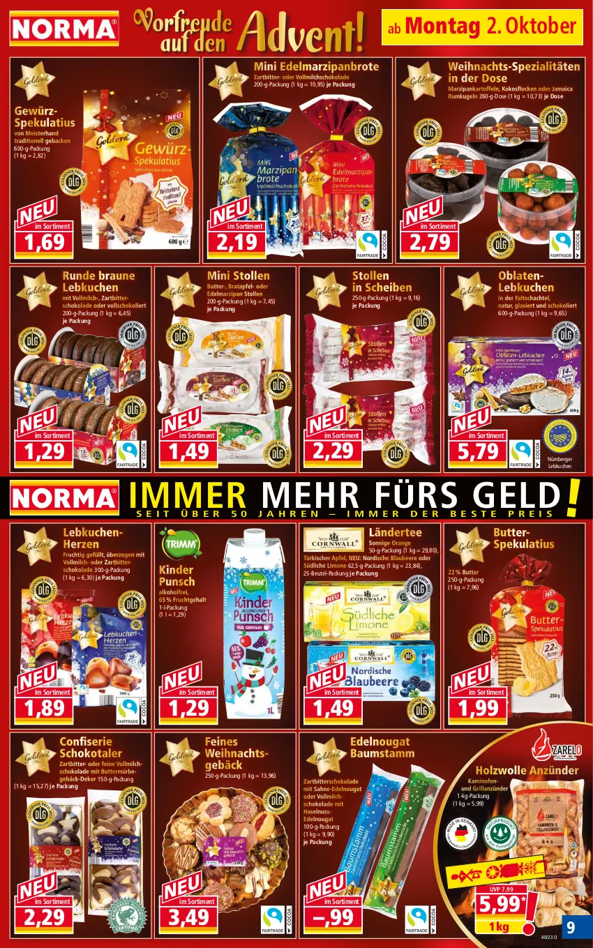 Aktueller Prospekt Norma - Norma - von 02.10 bis 09.10.2023 - strona 9 - produkty: alkohol, anzünder, apfel, Bau, beere, Berger, beutel, Blaubeer, blaubeere, braun, brot, butter, Butterspekulatius, Edelmarzipan, eis, frucht, geback, gewürz, grill, grillanzünder, haselnuss, Holz, Kamin, Kaminofen, kartoffel, kartoffeln, Kinder, kokos, kuchen, Kugel, Ländertee, Lebkuchen, limo, marzipan, Meister, milch, natur, nürnberger, Nürnberger Lebkuchen, nuss, Oblaten, Ofen, orange, rum, sahne, schoko, schokolade, Spezi, Stollen, tee, Ti, vollmilch, wolle, Zartbitterschokolade