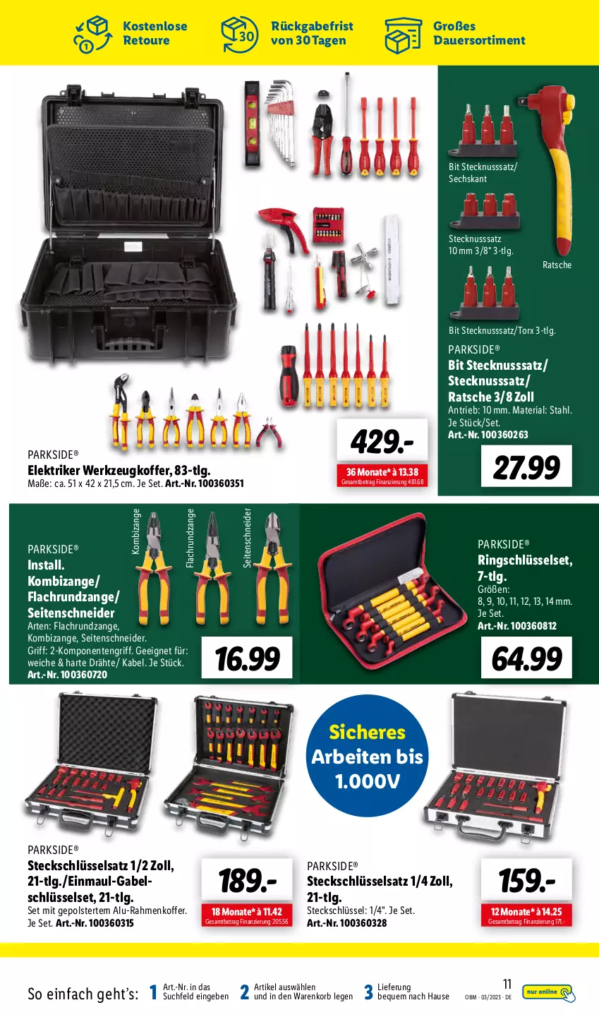 Aktueller Prospekt Lidl - Aktuelle Onlineshop-Highlights - von 01.03 bis 31.03.2023 - strona 11 - produkty: auer, ente, gabel, koffer, Kombizange, korb, LG, nuss, Parkside, Ria, ring, Seitenschneide, Stecknusssatz, Steckschlüsselsatz, Ti, werkzeug