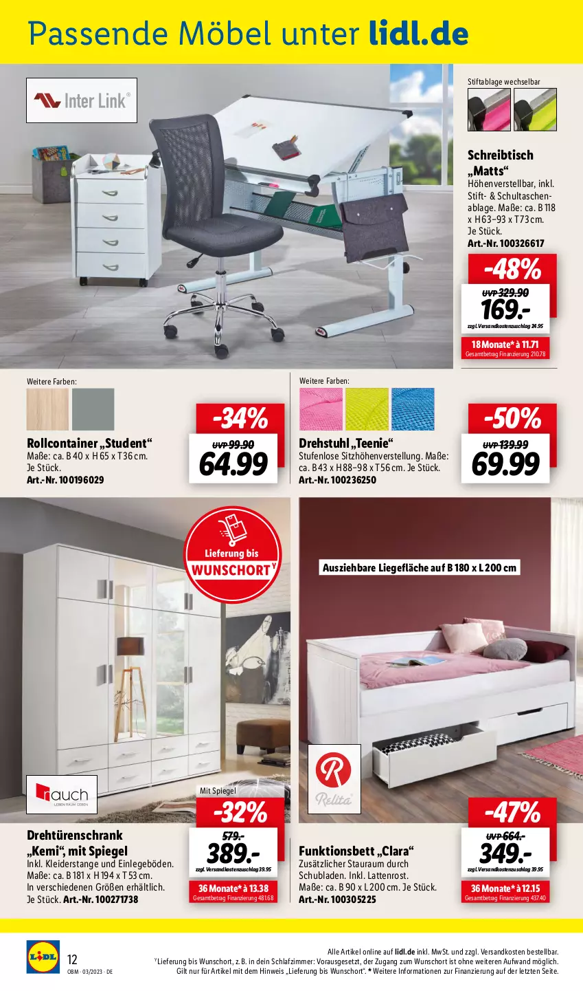 Aktueller Prospekt Lidl - Aktuelle Onlineshop-Highlights - von 01.03 bis 31.03.2023 - strona 12 - produkty: bett, Container, drehstuhl, drehtürenschrank, eis, kleid, kleider, latte, lattenrost, Liege, möbel, ndk, rollcontainer, schlafzimmer, Schrank, schreibtisch, schubladen, Sitzhöhe, sitzhöhenverstellung, spiegel, stuhl, Tasche, taschen, tee, Ti, tisch, türenschrank, ZTE