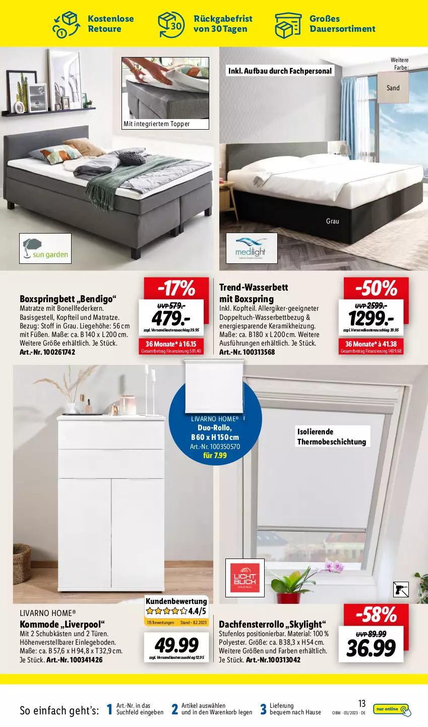 Aktueller Prospekt Lidl - Aktuelle Onlineshop-Highlights - von 01.03 bis 31.03.2023 - strona 13 - produkty: auer, Bau, bett, boxspringbett, federkern, fenster, HP, kommode, korb, Liege, matratze, Mode, ndk, Persona, pool, Ria, ring, Ti, topper, tuc, und matratze, wasser