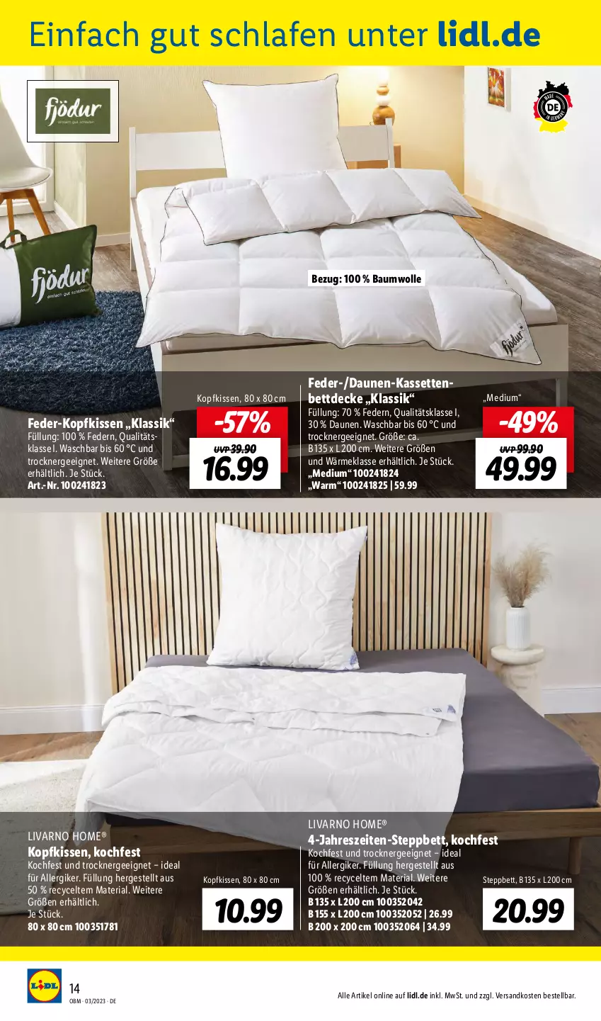 Aktueller Prospekt Lidl - Aktuelle Onlineshop-Highlights - von 01.03 bis 31.03.2023 - strona 14 - produkty: Bau, baumwolle, bett, decke, Ergee, kissen, kopfkissen, ndk, Ria, steppbett, Ti, Trockner, wolle