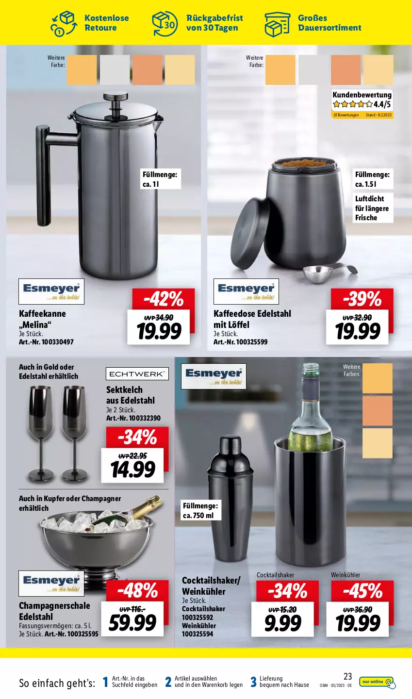 Aktueller Prospekt Lidl - Aktuelle Onlineshop-Highlights - von 01.03 bis 31.03.2023 - strona 23 - produkty: auer, champagne, champagner, cocktail, cocktails, Cocktailshaker, edelstahl, kaffee, korb, Löffel, Schal, Schale, sekt, shake, Ti, wein