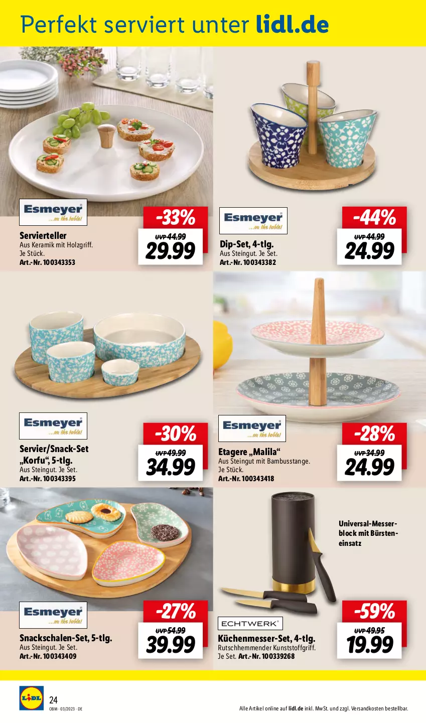 Aktueller Prospekt Lidl - Aktuelle Onlineshop-Highlights - von 01.03 bis 31.03.2023 - strona 24 - produkty: bambus, bürste, bürsten, dip, elle, Etagere, Holz, küche, Küchen, LG, messer, messerblock, ndk, Schal, Schale, snack, snacks, teller, Ti