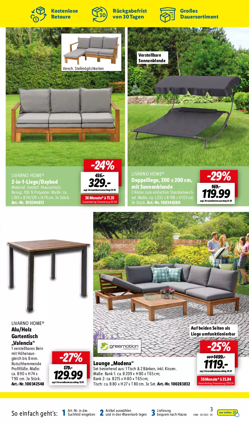 Aktueller Prospekt Lidl - Aktuelle Onlineshop-Highlights - von 01.03 bis 31.03.2023 - strona 3 - produkty: auer, Bank, Garten, gartentisch, Holz, kissen, korb, Liege, Mode, ndk, Ria, Ti, tisch