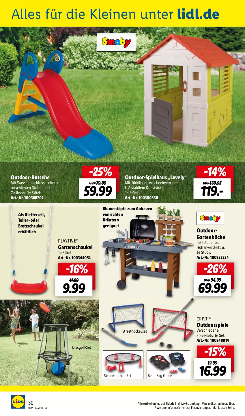 Aktueller Prospekt Lidl - Aktuelle Onlineshop-Highlights - von 01.03 bis 31.03.2023 - strona 30 - produkty: ball, Bau, blume, blumen, crivit, elle, Garten, Gartenschaukel, kräuter, kräutern, küche, leine, Mett, ndk, Schaukel, Spiele, teller, Ti, wasser, ZTE