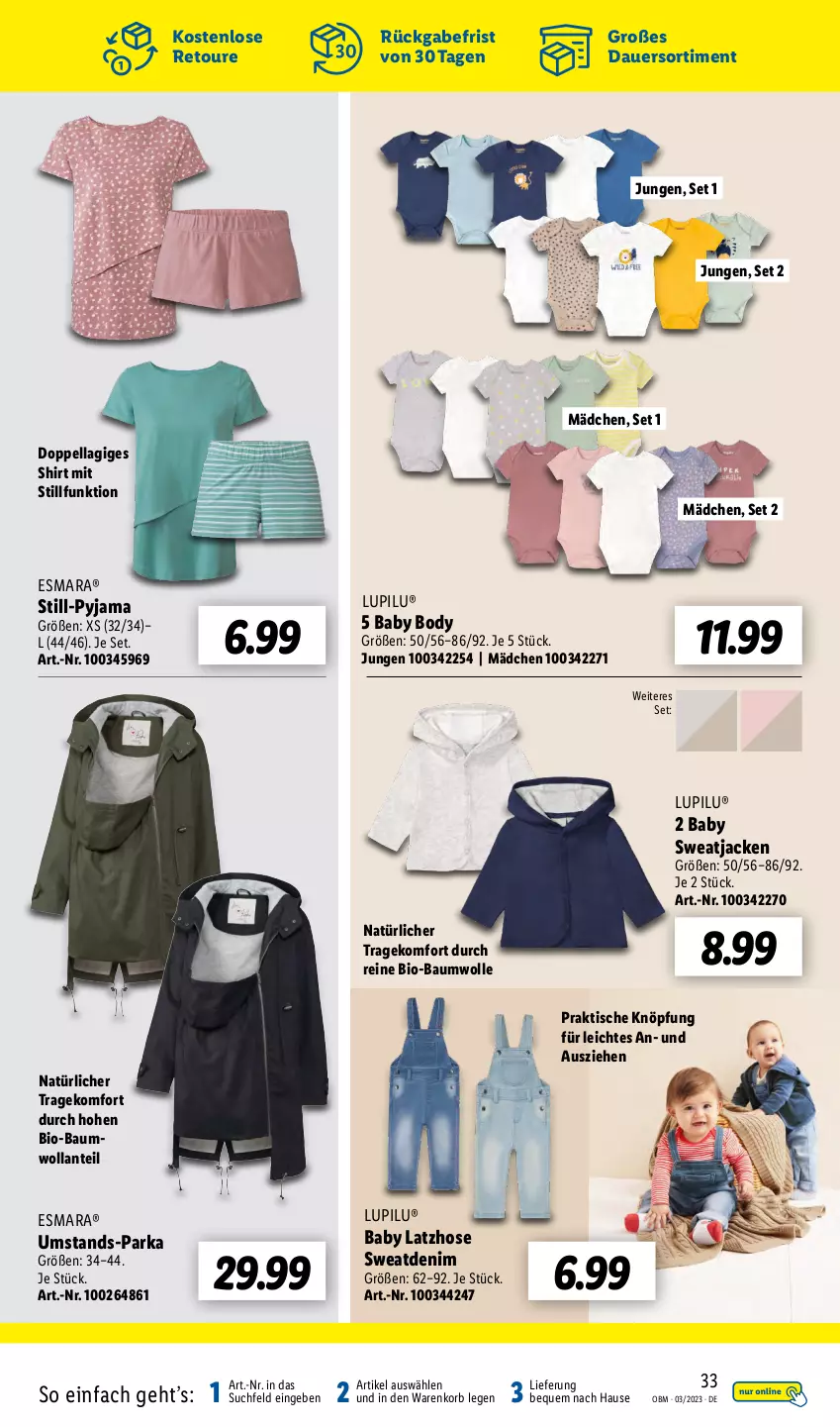 Aktueller Prospekt Lidl - Aktuelle Onlineshop-Highlights - von 01.03 bis 31.03.2023 - strona 33 - produkty: auer, Bau, baumwolle, bio, bio-baumwolle, body, esmara, hose, Jacke, korb, Latzhose, lupilu, Parka, Pyjama, shirt, sweatjacke, Ti, tisch, wolle