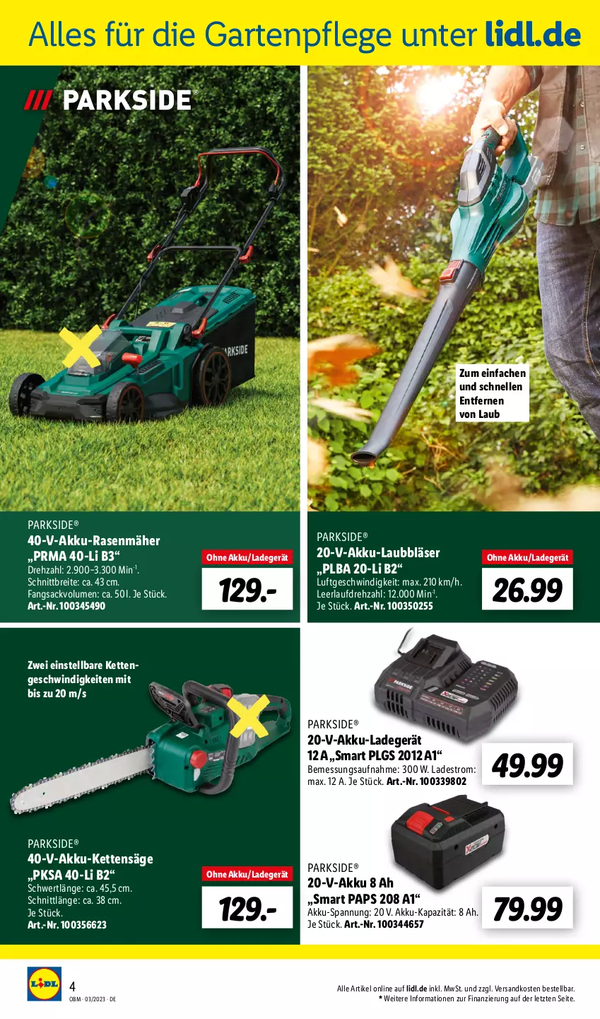 Aktueller Prospekt Lidl - Aktuelle Onlineshop-Highlights - von 01.03 bis 31.03.2023 - strona 4 - produkty: akku, akku-rasenmäher, Brei, elle, Garten, Kette, ladegerät, LG, ndk, Parkside, rasen, rasenmäher, sac, säge, Ti, ZTE