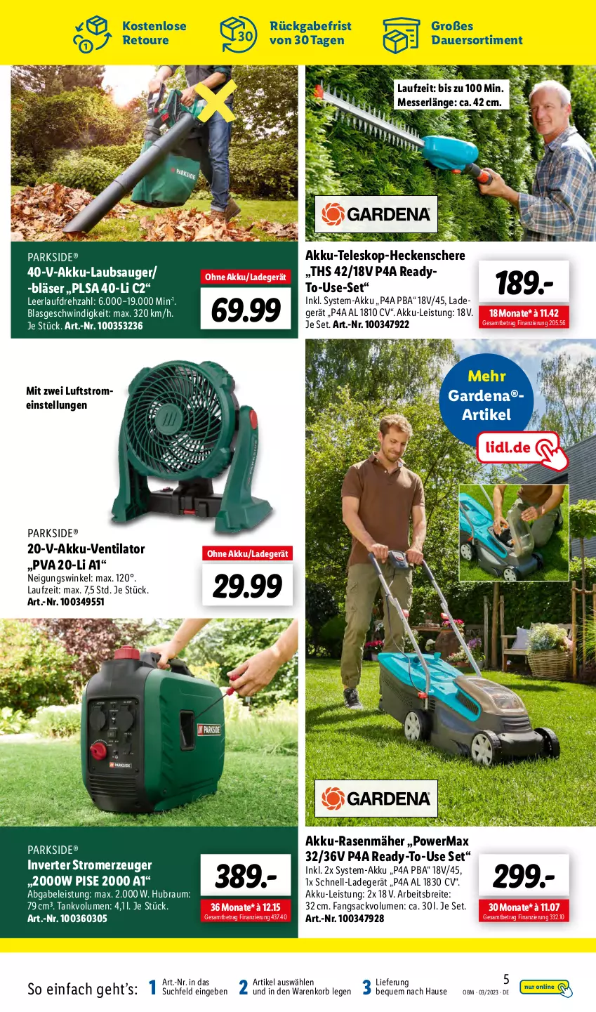 Aktueller Prospekt Lidl - Aktuelle Onlineshop-Highlights - von 01.03 bis 31.03.2023 - strona 5 - produkty: akku, Akku-Laubsauger, akku-rasenmäher, auer, Brei, eis, gabel, gardena, gsw, heckenschere, korb, ladegerät, Laubsauger, messer, Parkside, rasen, rasenmäher, sac, Schere, Stromerzeuger, Teleskop, Ti, ventilator