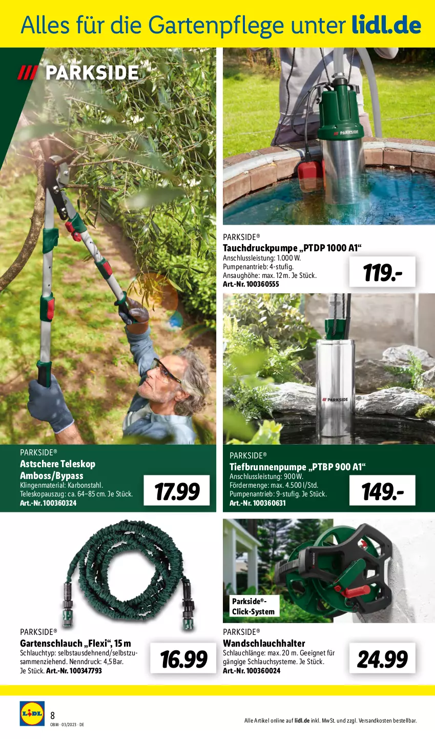 Aktueller Prospekt Lidl - Aktuelle Onlineshop-Highlights - von 01.03 bis 31.03.2023 - strona 8 - produkty: boss, brunnen, eis, Garten, gartenschlauch, ndk, Parkside, Ria, Schere, schlauch, Teleskop, Ti, Tiefbrunnenpumpe