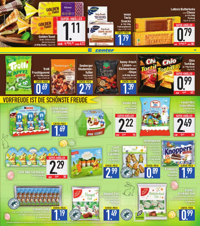 Aktueller Prospekt E Center - Angebote der Woche - von 13.03 bis 18.03.2023 - strona 13 - produkty: Berger, beutel, butter, butterkeks, chips, eier, eis, ente, erbsen, frucht, fruchtgummi, funny-frisch, golden toast, käfer, kakao, karotten, keks, kichererbsen, Kinder, knoppers, korn, leibniz, leine, lindt, linsen, milch, reis, schoko, schokolade, schokoladen, seeberger, snack, snacks, studentenfutter, super-knüller, Ti, toast, tortilla, tortillas, trolli, trolli fruchtgummi, vollmilch, wasa, Weiße Schokolade, ZTE