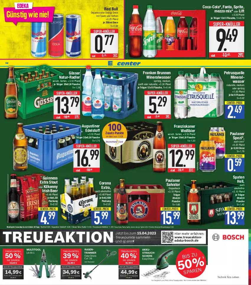 Aktueller Prospekt E Center - Angebote der Woche - von 13.03 bis 18.03.2023 - strona 14 - produkty: akku, alkohol, Alwa, Augustiner Edelstoff, bier, bosch, brunnen, coca-cola, cola, corona, corona extra, deka, drink, eis, elle, energy drink, ente, fanta, flasche, franken brunnen, franziskaner, gösser, Guinness, Kilkenny, Mezzo Mix, mineralwasser, natur, Paula, paulaner, radler, rasen, rasentrimmer, Rauch, red bull, reis, rel, Schere, Spaten, Spezi, sprite, Strauchschere, super-knüller, tesa, Ti, wasser, ZTE