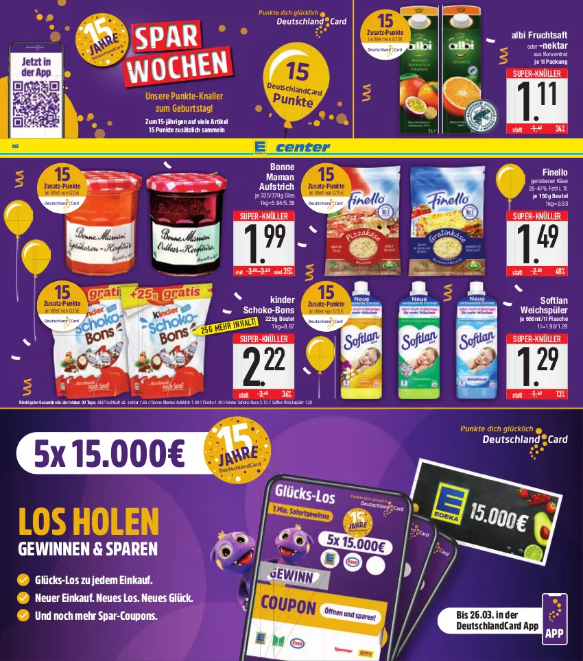 Aktueller Prospekt E Center - Angebote der Woche - von 13.03 bis 18.03.2023 - strona 16 - produkty: aufstrich, beutel, bonne maman, coupon, coupons, deutschlandcard, eis, finello, flasche, frucht, fruchtsaft, Käse, Kinder, mam, Nektar, reis, saft, schoko, schoko-bons, Softlan, super-knüller, Ti, weichspüler, ZTE