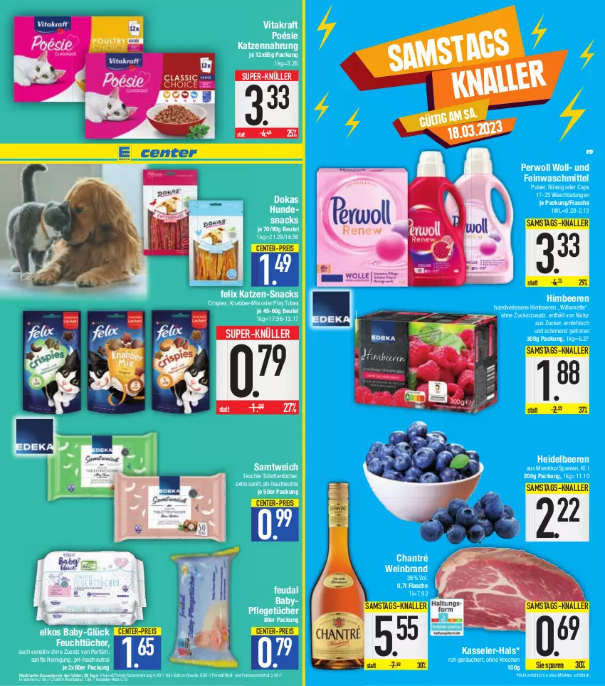 Aktueller Prospekt E Center - Angebote der Woche - von 13.03 bis 18.03.2023 - strona 19 - produkty: beere, beeren, beutel, Cap, chantré, eis, elkos, ente, feinwaschmittel, felix, feuchttücher, flasche, heidelbeere, heidelbeeren, himbeer, himbeere, himbeeren, hundesnack, hundesnacks, kasseler, katzennahrung, kraft, Mett, natur, perwoll, Reinigung, reis, snack, snacks, super-knüller, Ti, toilettentücher, tücher, vita, vitakraft, waschmittel, wein, weinbrand, ZTE, zucker